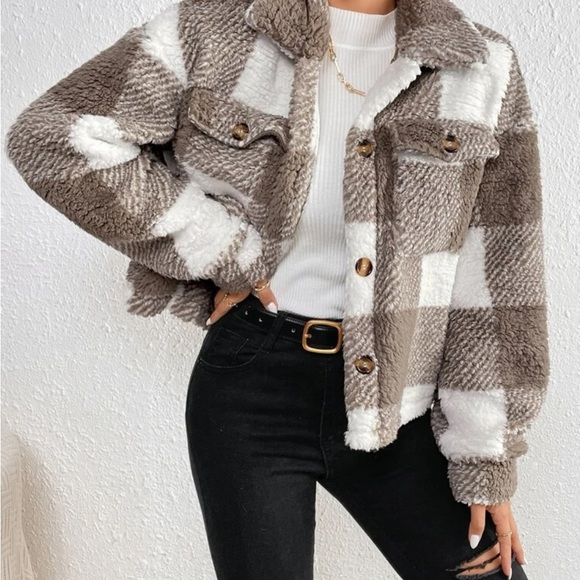 Buffalo Plaid Print Flap Pocket Teddy Jacket - Picture 3 of 4